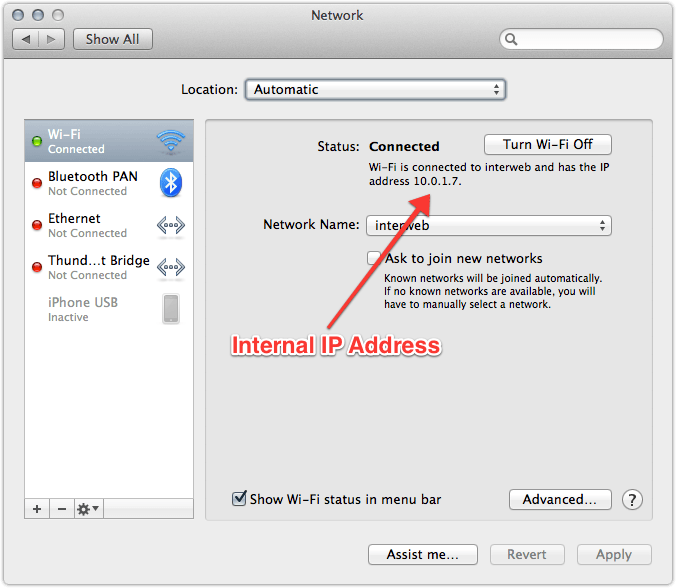 Example of internal IP address in System Preferences